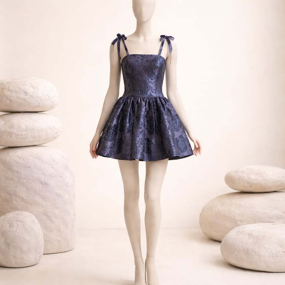 Alice + Olivia Maryann Tie-Shoulder Floral Brocade Mini Dress Midnight Blue Size
